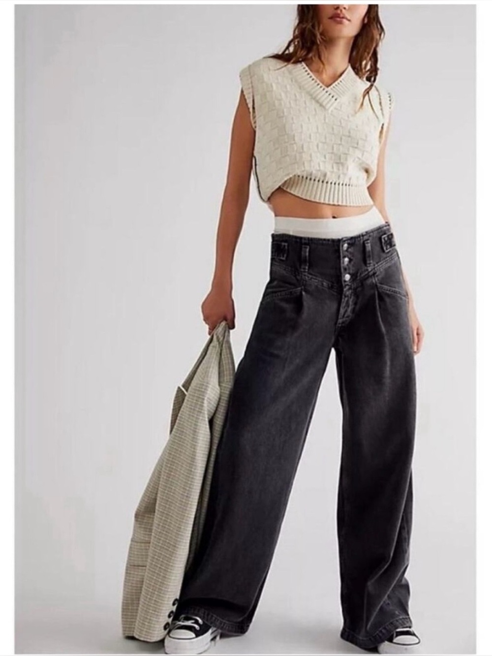Free People We The Free Super Sweeper High Rise Wide Leg Jeans Black Large